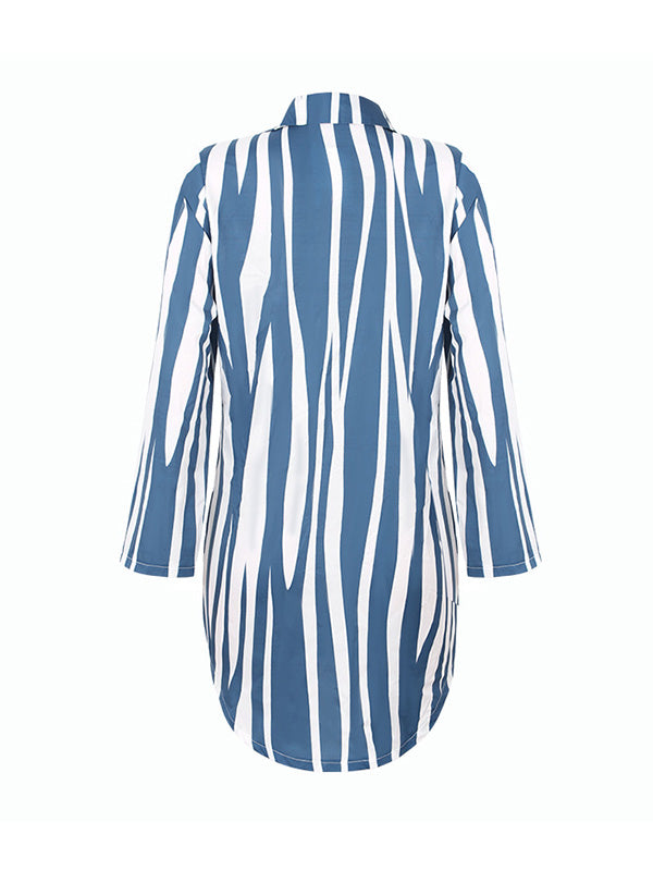 Long Sleeves Loose Buttoned Striped Lapel Mini Dresses Shirt Dress