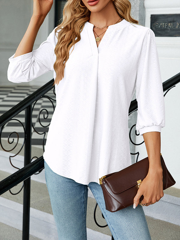 Loose Puff Sleeves Jacquard Pleated Solid Color Split-Joint V-Neck T-Shirts Tops