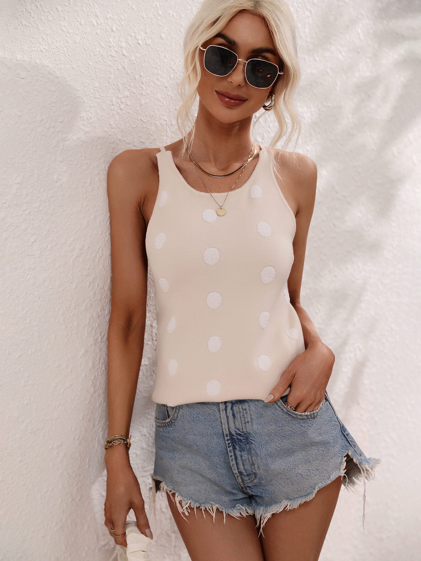 SURF SEASON KNIT POLKA DOT PATTERN TANK - BEIGE