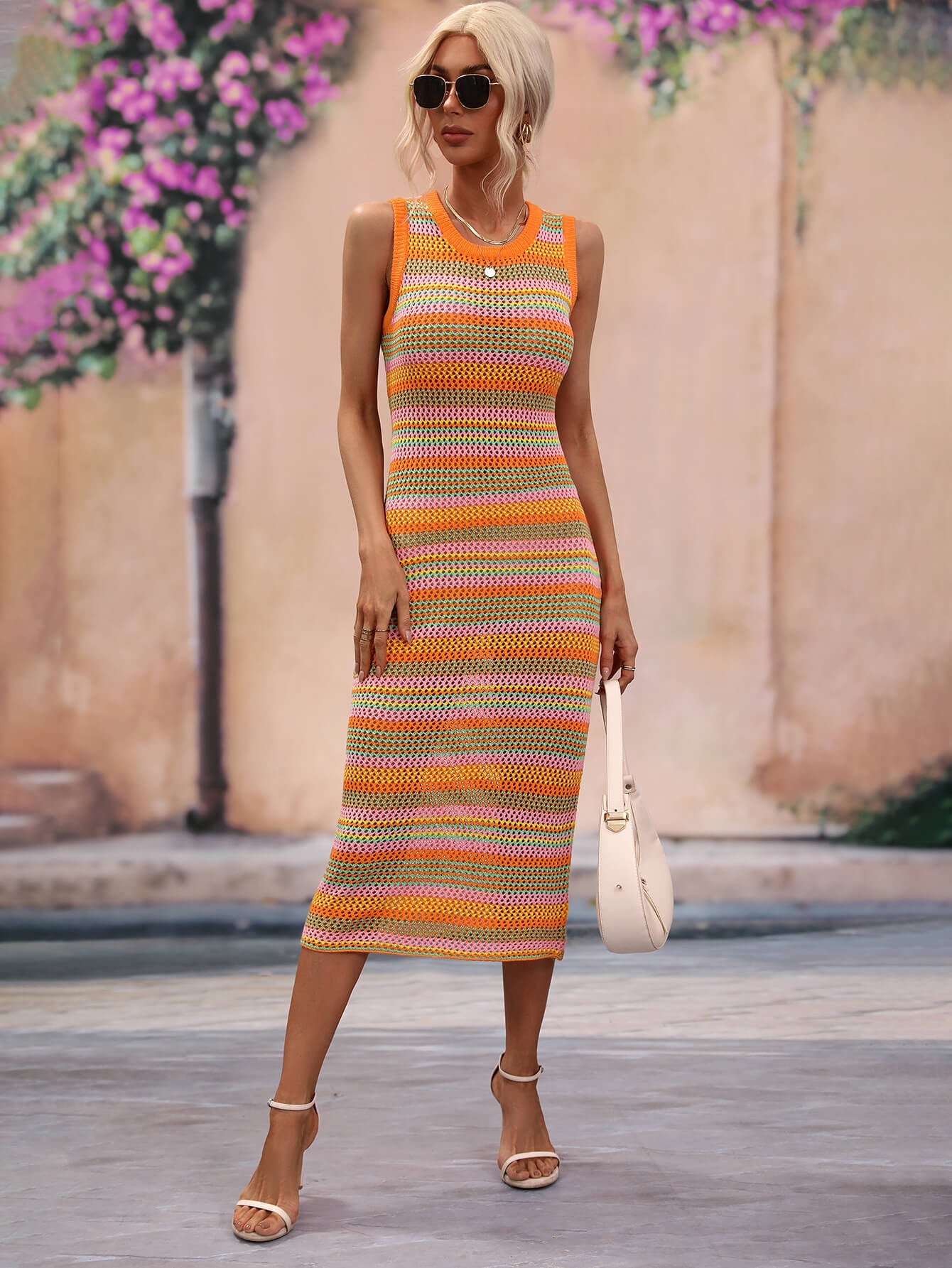 VACAYS CHEVRON KNIT MIDI DRESS - ORANGE