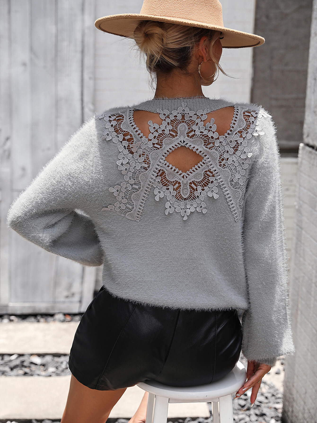 Pretty Petals Lace Floral Pullover Sweater - Grey