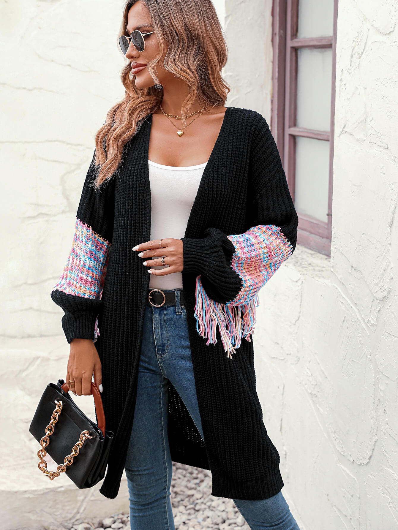 Desert Dreams Knit Fringe Hem Sleeve Cardigan - Black