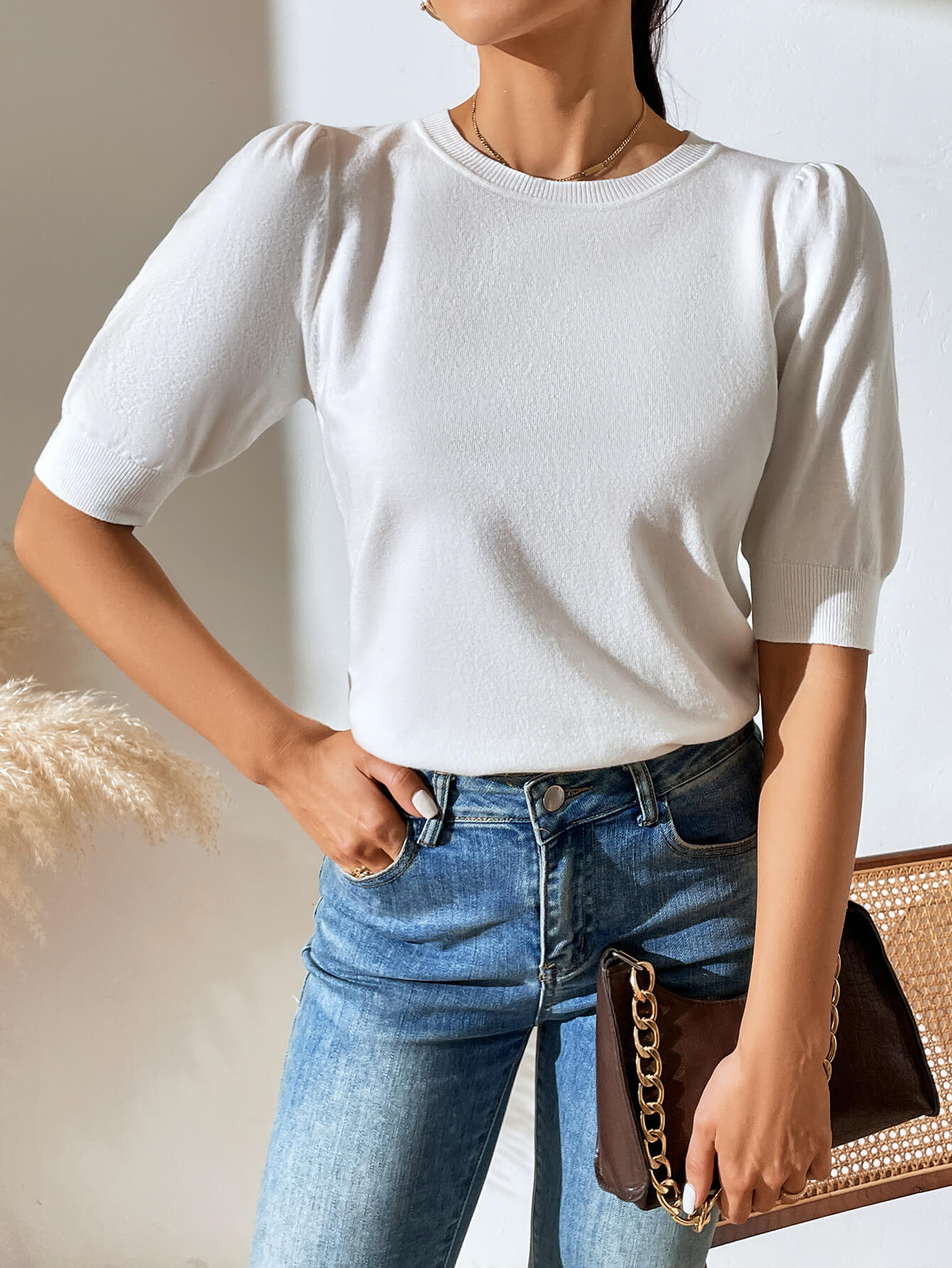 HALO SHORT SLEEVE COTTON BLEND KNIT TOP - CREAM