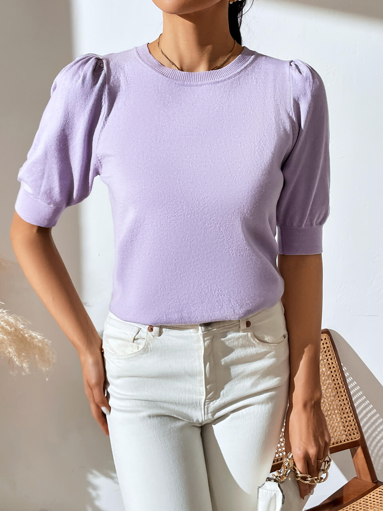 HALO SHORT SLEEVE COTTON BLEND KNIT TOP - LILAC