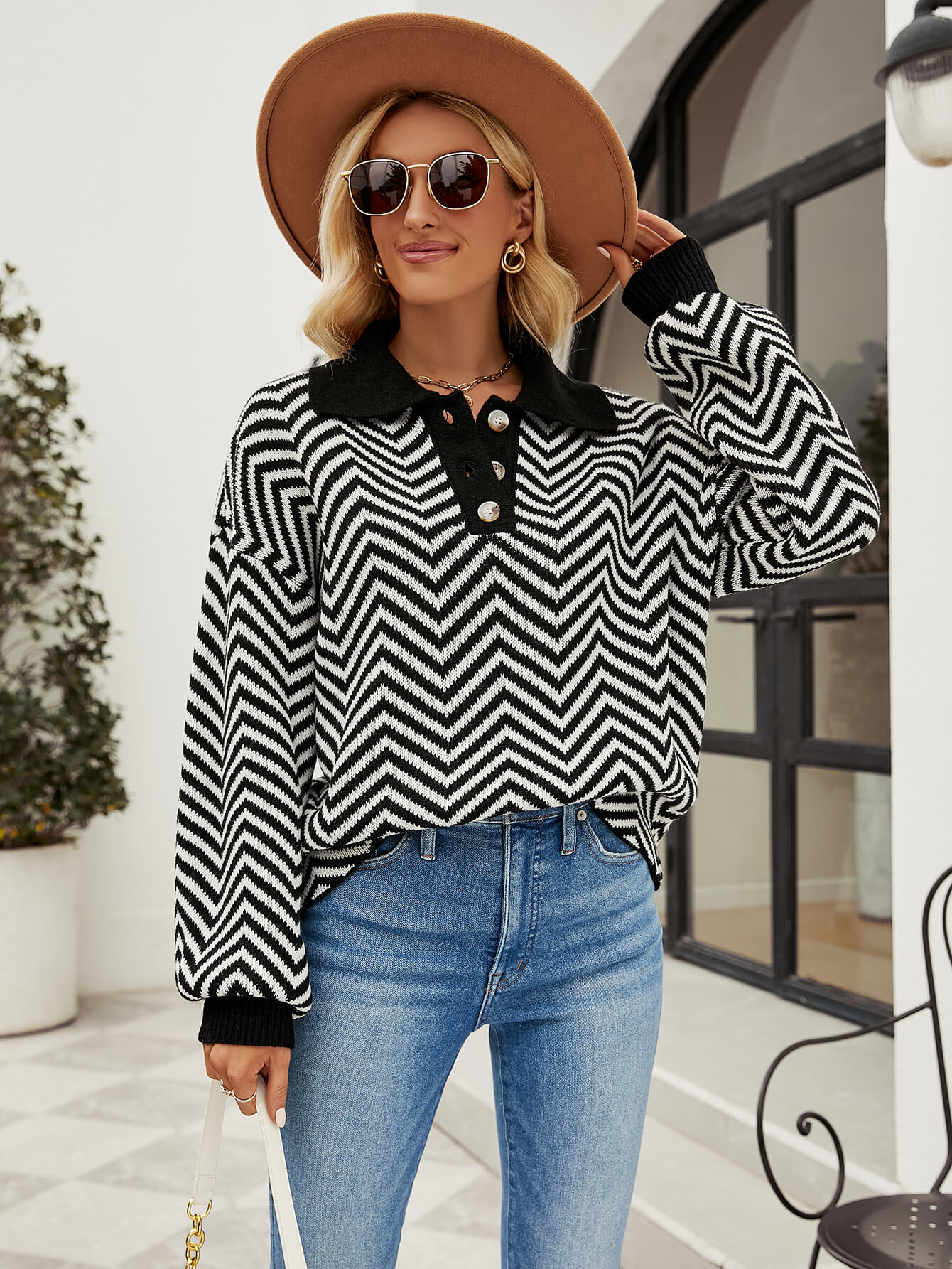 Benji Zig Zag Striped Batwing Sleeve Sweater - Black