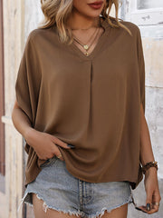 Batwing Sleeves Loose Solid Color Split-Joint V-Neck T-Shirts