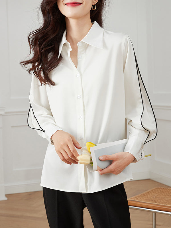 Long Sleeves Loose Buttoned Contrast Color Lapel Blouses&Shirts Tops