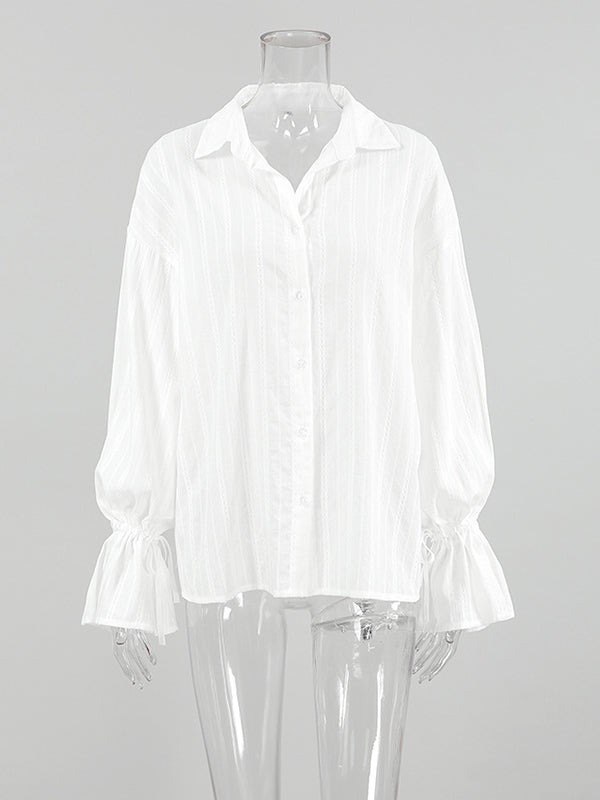 Flared Sleeves Long Sleeves Buttoned Elasticity Jacquard Solid Color Lapel Blouses&Shirts Tops