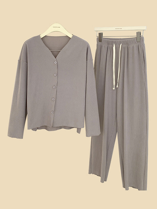 Solid Color Long Sleeves V-Neck Cardigan Tops & Pants Pajamas Set