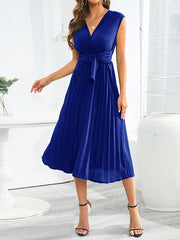 Sleeveless Pleated Solid Color Tied Waist V-Neck Midi Dresses