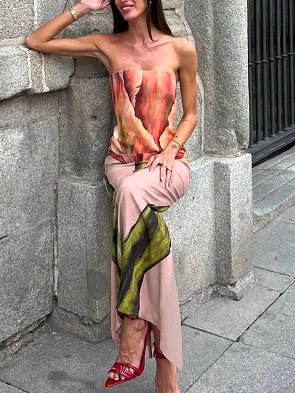 Bodycon Sleeveless Flower Print Split-Back Tube Maxi Dresses