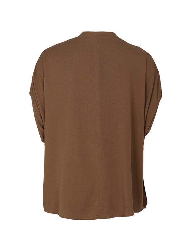 Batwing Sleeves Loose Solid Color Split-Joint V-Neck T-Shirts