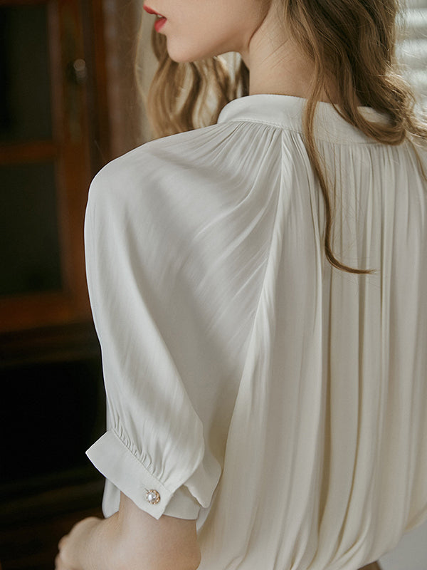 Loose Puff Sleeves Buttoned Pleated Round-Neck Blouses&Shirts Tops