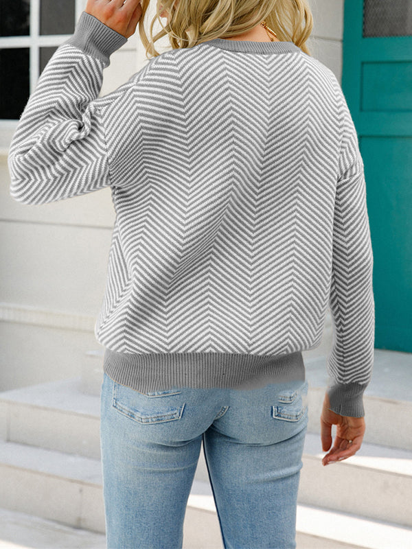 Long Sleeves Loose Striped Round-Neck Knitwear Pullovers Sweater Tops