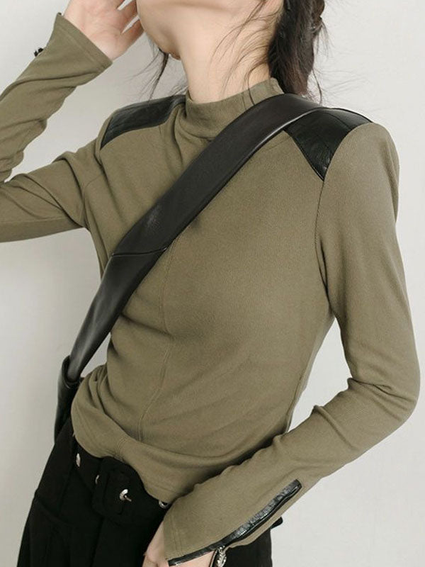 Long Sleeves Skinny Split-Joint Zipper High Neck T-Shirts