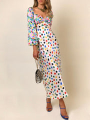 Alison Sweetheart Splice Printed Dots Maxi Satin Dress