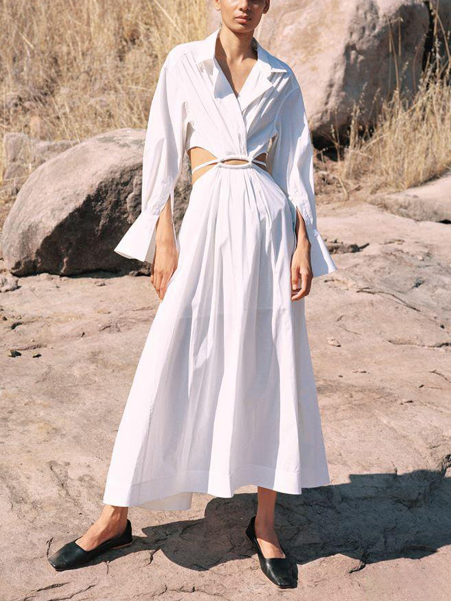 Unique Waist Hollow Gathered Slim Shirt Midi Dress