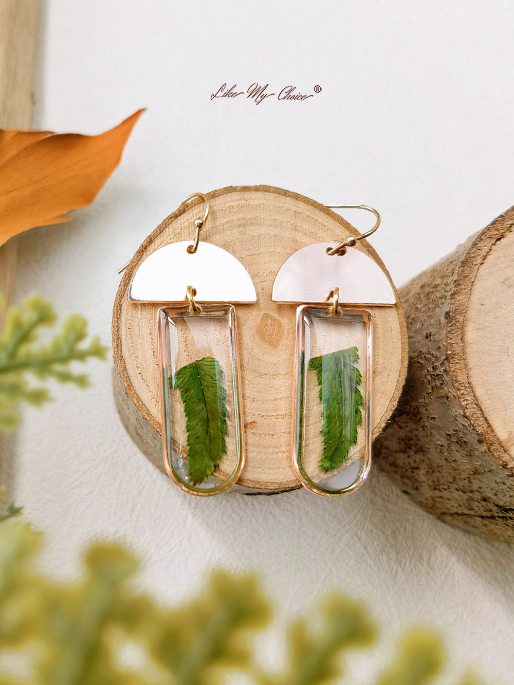 Window-shaped Brass Frames Pressed Fern Earrings