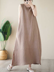 A-Line Loose Solid Color Round-Neck Midi Dresses