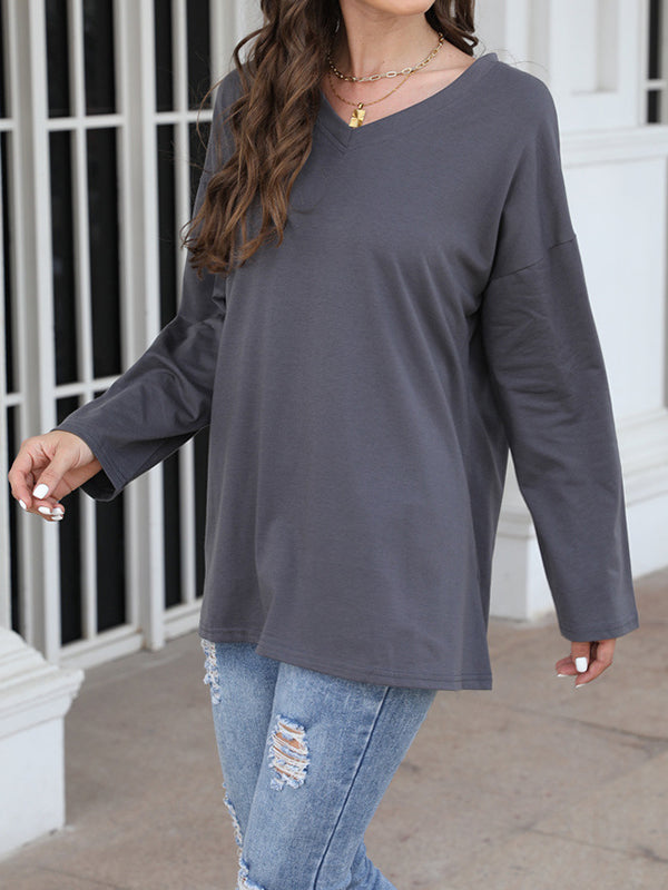 Long Sleeves Loose See-Through Solid Color Split-Joint V-Neck T-Shirts