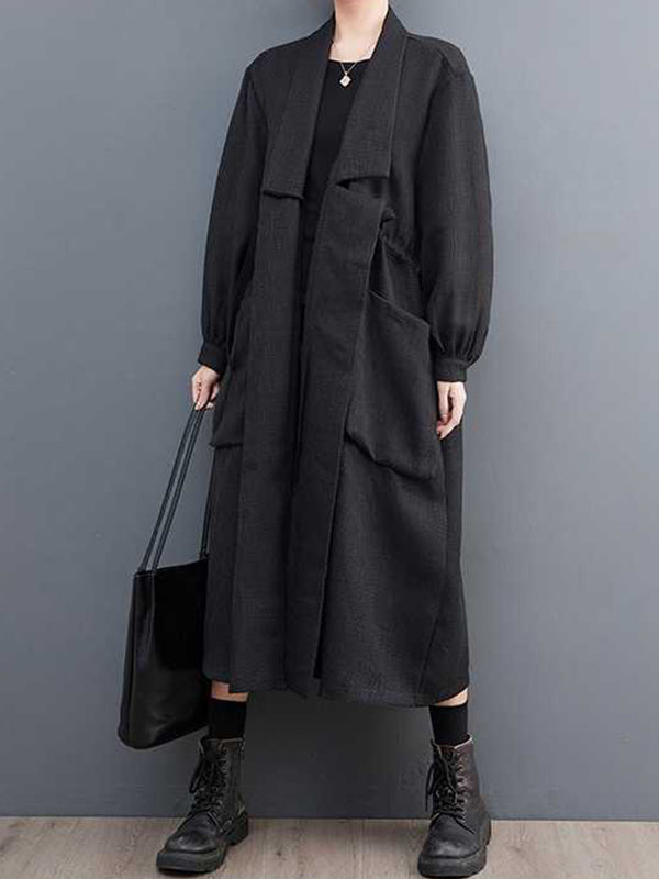 Long Sleeves Loose Drawstring Pockets Lapel Trench Coats