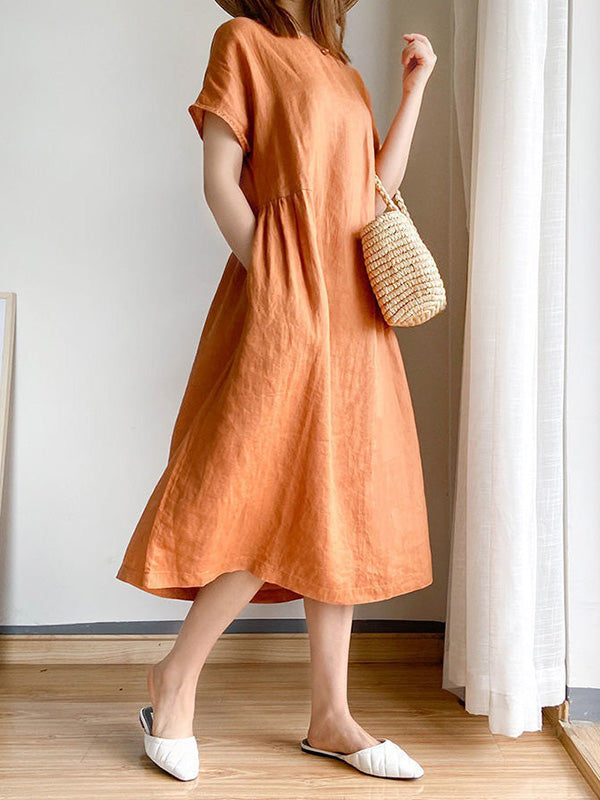 Casual Loose Solid Color Round-Neck Midi Dresses