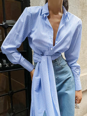 Long Sleeves Loose Buttoned Pleated Split-Joint Striped Tied Waist Lapel Blouses&Shirts Tops