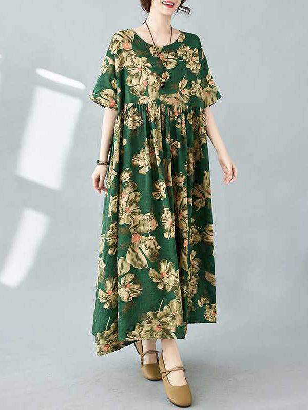 Half Sleeves Loose Flower Print Pleated Pockets Round-neck Midi Dresses