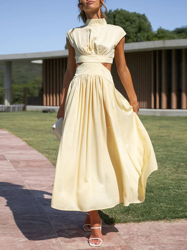 Cap Sleeve Belly-Hollow Pleated Solid Color Stand Collar Maxi Dresses