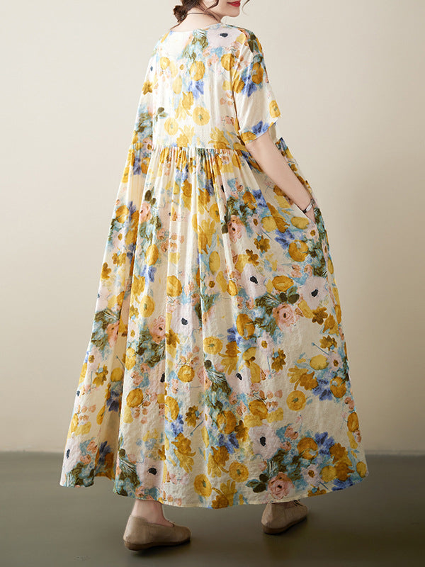 A-Line Loose Floral Printed Round-Neck Midi Dresses