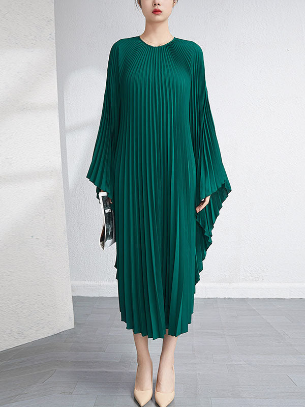 Urban Flared Batwing Sleeves Pleated Solid Color Round-Neck Midi Dresses