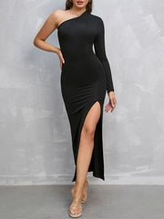 Bodycon High Waisted Asymmetric Solid Color Split-Side One-Shoulder Maxi Dresses