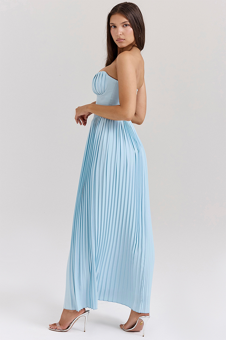 Strapless Cinch Waist Pleated Maxi Dresses-Blue [Pre Order]