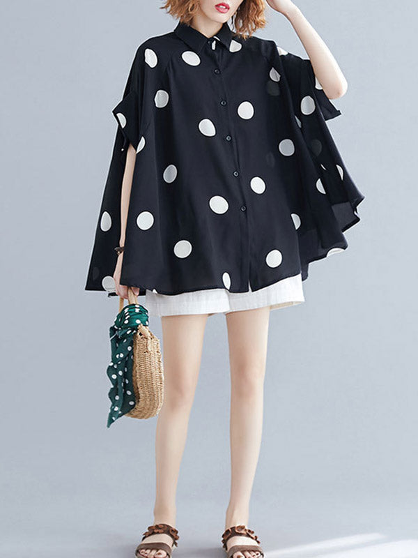 Batwing Sleeves Half Sleeves Buttoned Polka-Dot Lapel Blouses&Shirts Tops