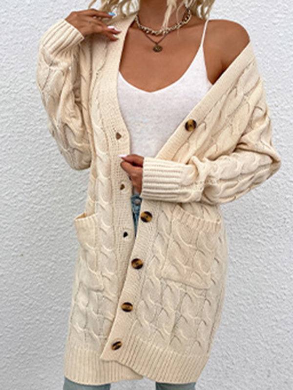 Urban Simple Loose Buttoned Solid Color Jacquard Cardigan Coat