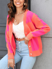 Long Sleeves Loose Color-Block Contrast Color Split-Joint V-Neck Cardigan Tops