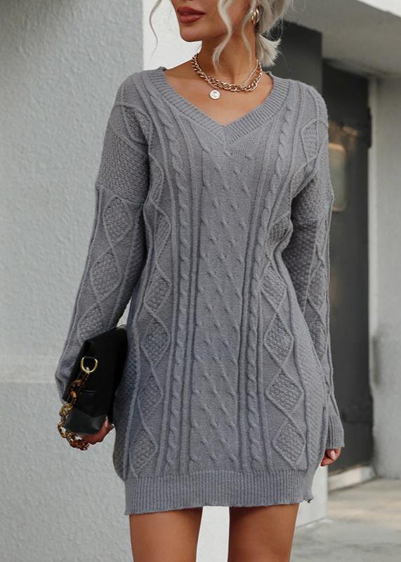 Cozy Grey Cable Knit V-Neck Sweater Dress