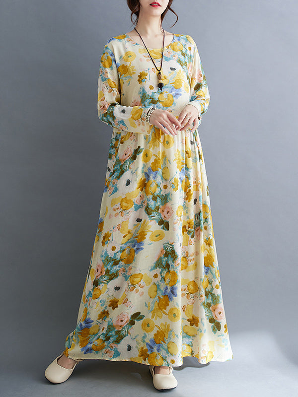 Long Sleeves Loose Flower Print Split-Joint Round-Neck Midi Dresses