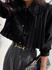 Long Sleeves Loose Pleated Split-Joint Lapel Blouses&Shirts Tops