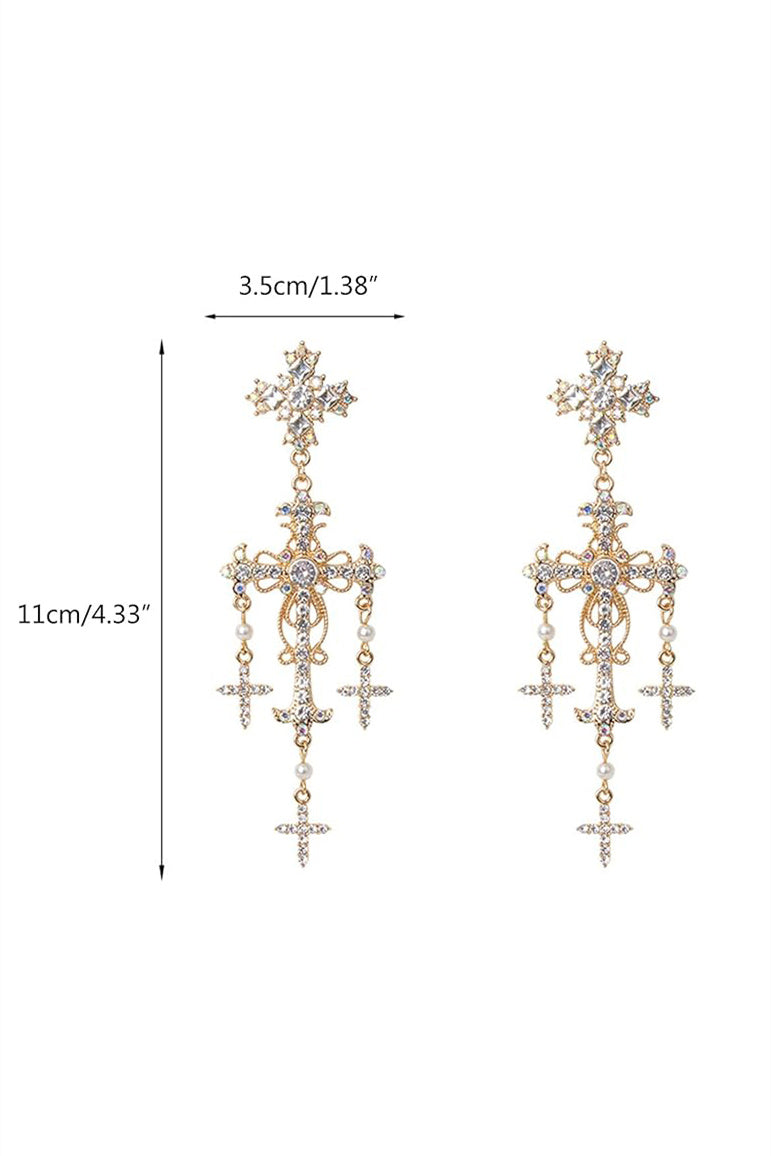 Baroque Rhinestone Cross Dangle Earrings