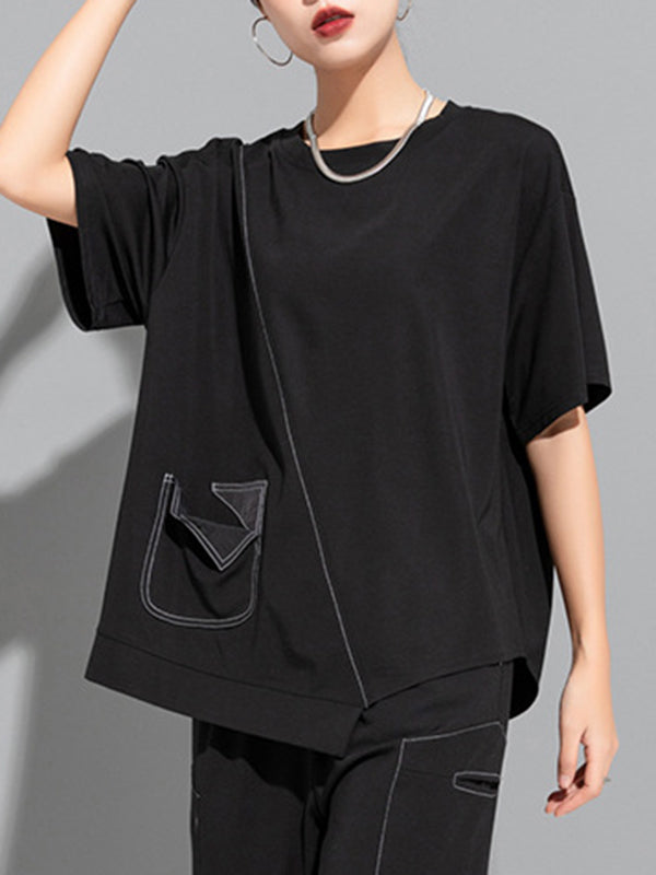 Loose Short Sleeves Asymmetric Solid Color Split-Joint Round-Neck T-Shirts Tops