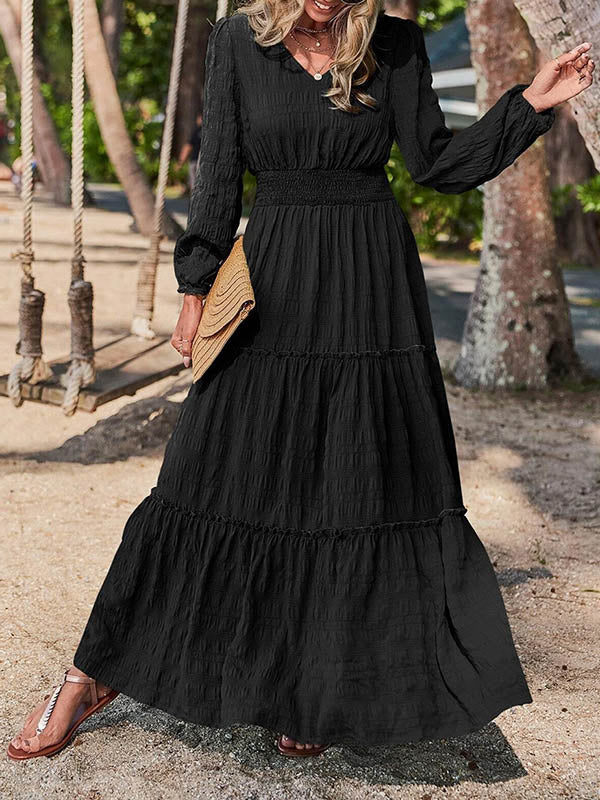 A-Line Long Sleeves Elasticity Solid Color Split-Joint V-Neck Maxi Dresses