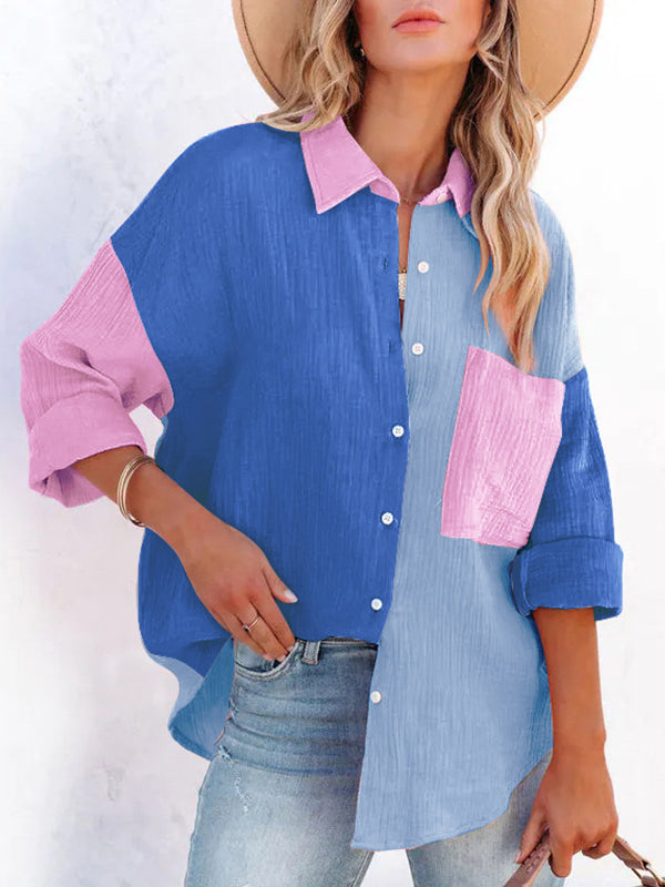 Casual Long Sleeves Contrast Color Split-Joint Lapel Blouses