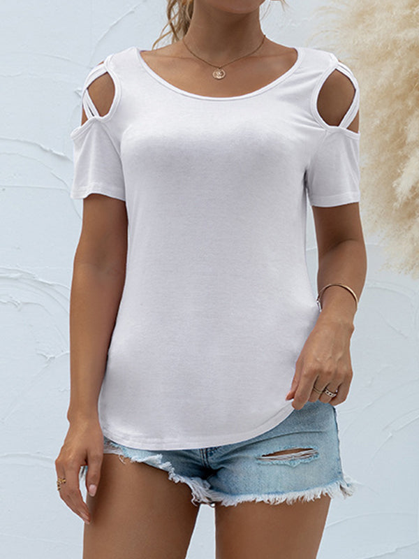 Loose Short Sleeves Hollow Solid Color Round-Neck T-Shirts Tops