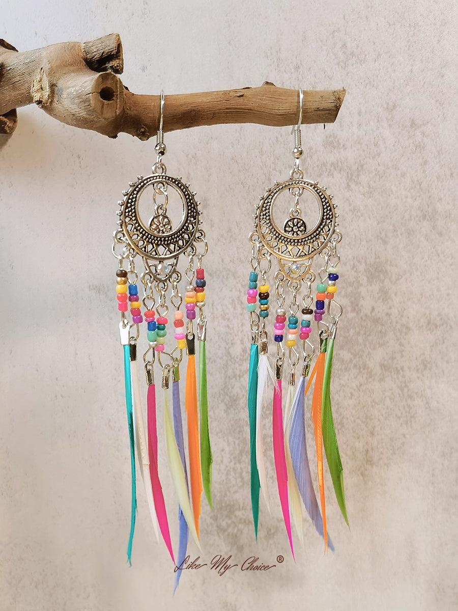 Vintage Ethnic Long Feather Dangle Boho Earrings