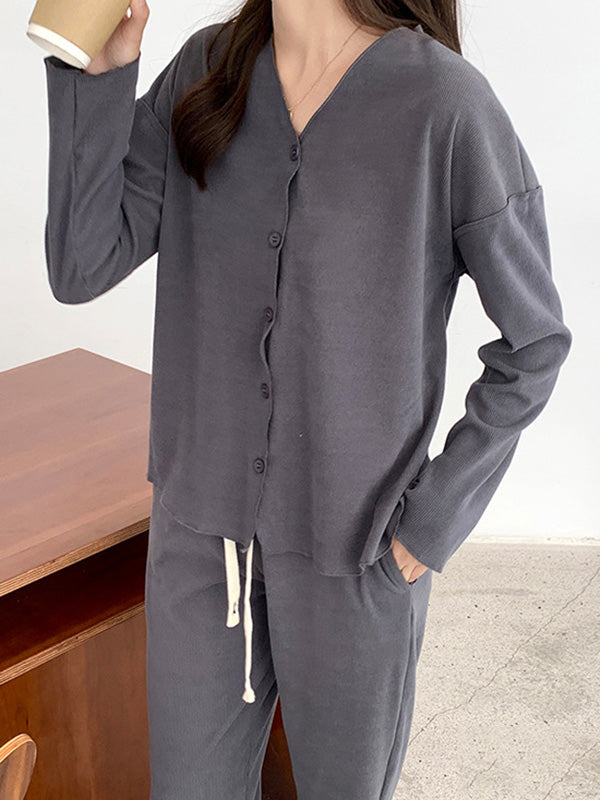 Solid Color Long Sleeves V-Neck Cardigan Tops & Pants Pajamas Set