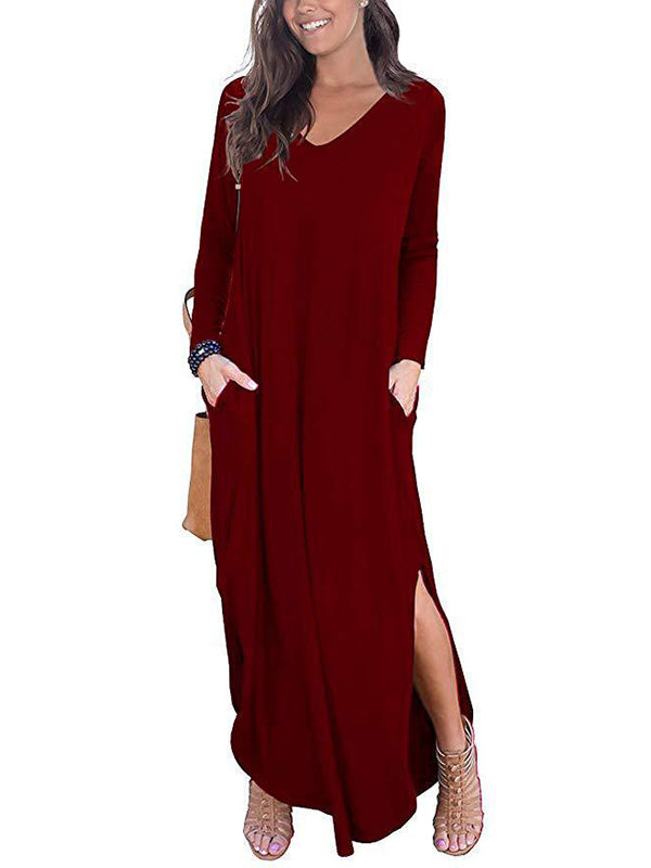 Long Sleeves Loose Solid Color Split-Side V-Neck Maxi Dresses