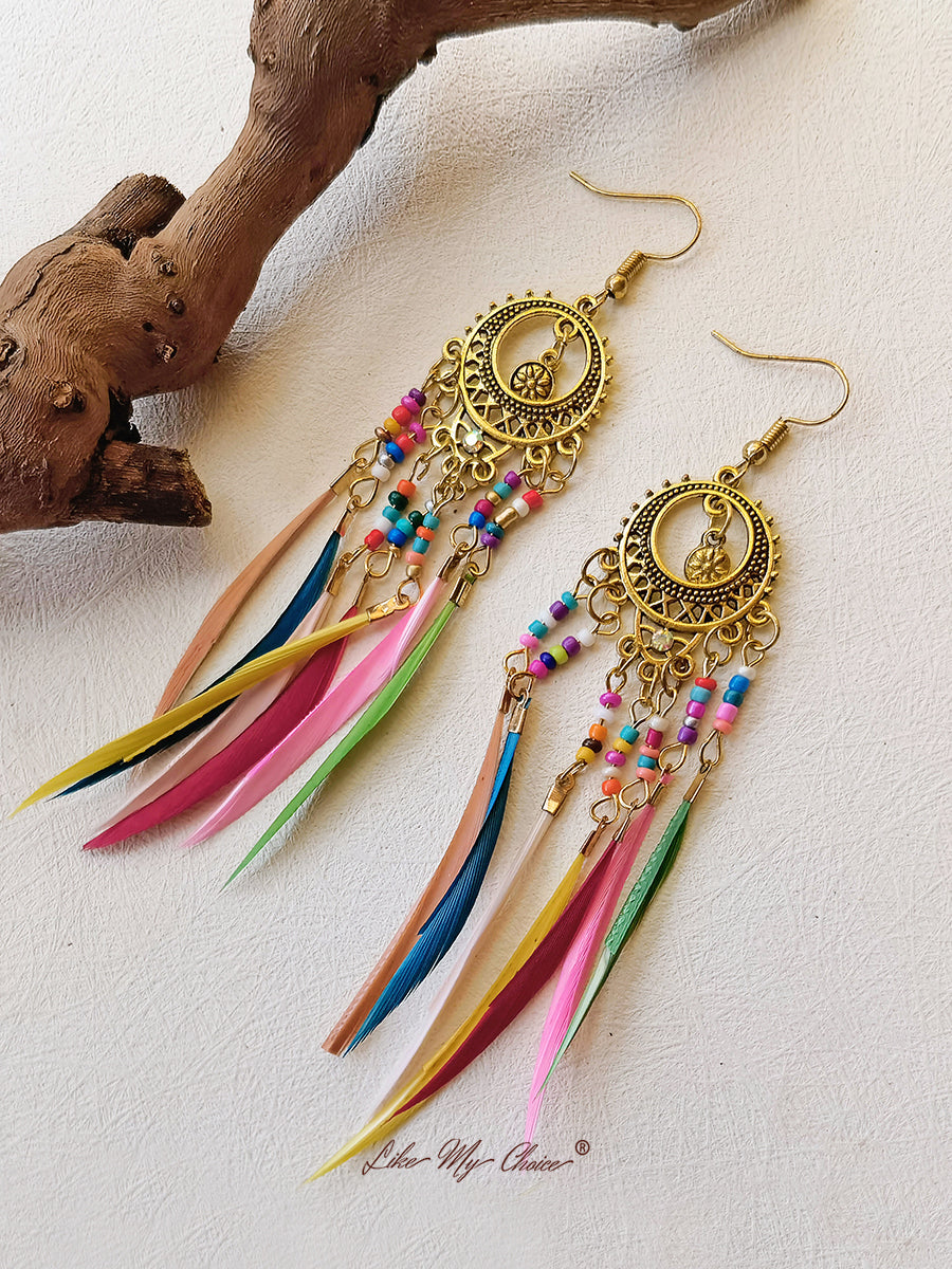 Vintage Ethnic Long Feather Dangle Boho Earrings