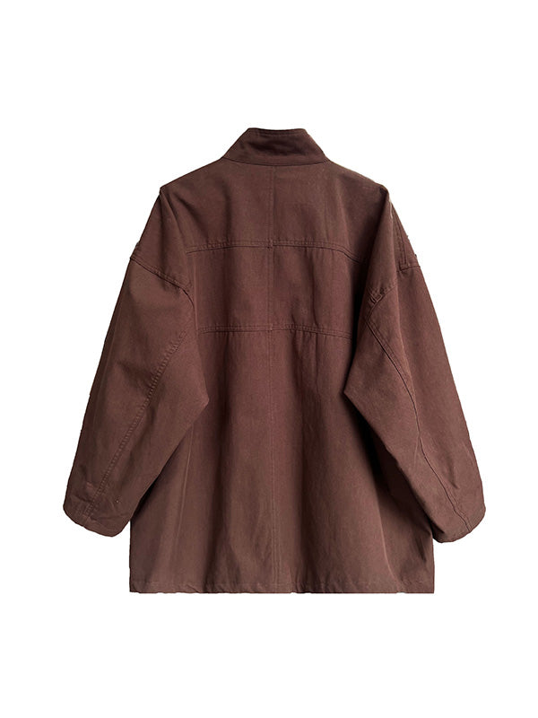 Long Sleeves Loose Pockets Solid Color Stand Collar Outerwear Trench Coats