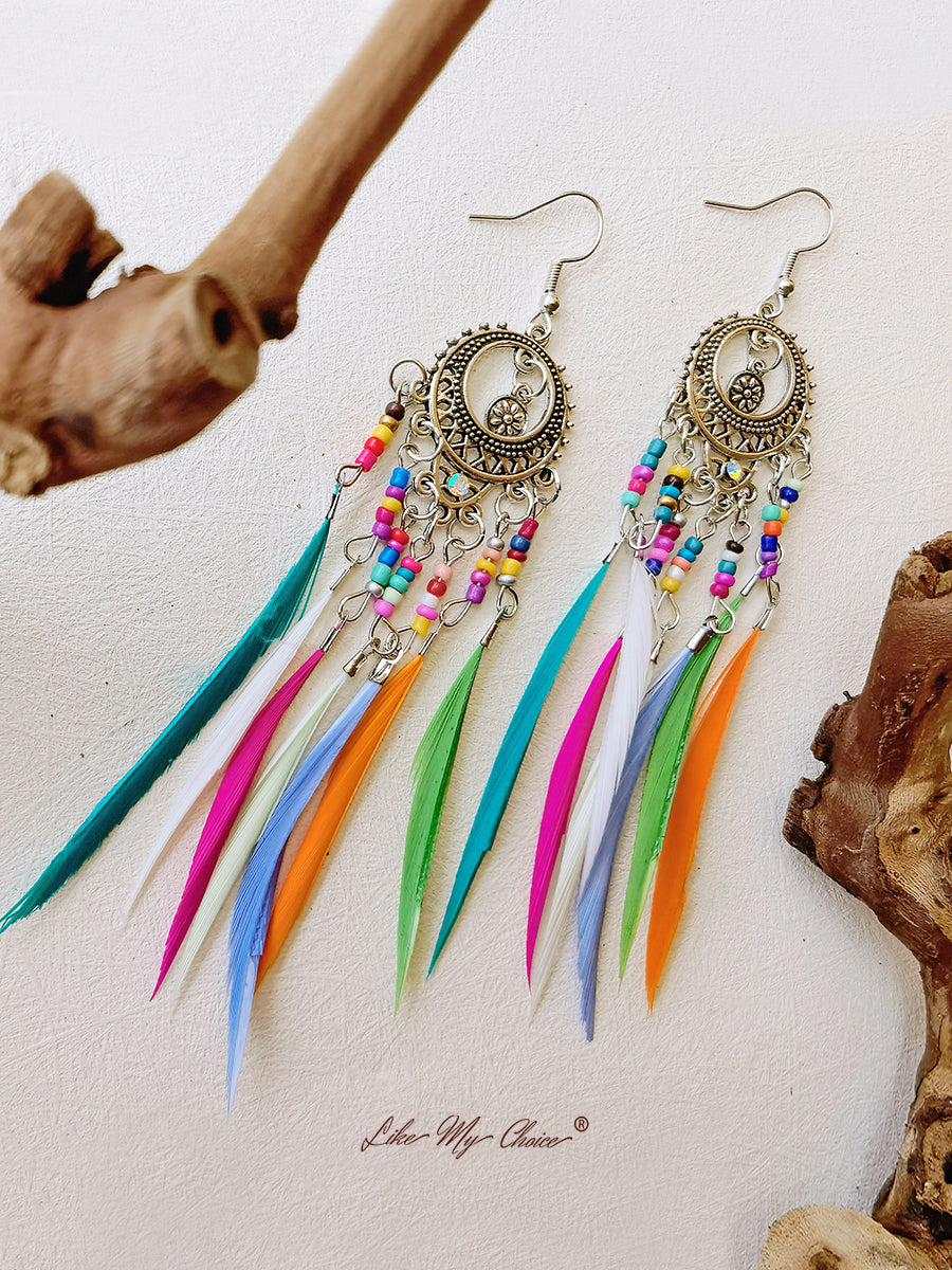 Vintage Ethnic Long Feather Dangle Boho Earrings